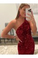 Affordable Sleeveless One Shoulder Velvet Sequin Pink Sweep Train Evening Dress
