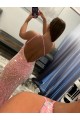 Affordable Sleeveless One Shoulder Velvet Sequin Pink Sweep Train Evening Dress