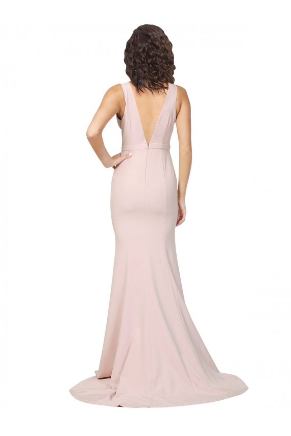 Affordable Sleeveless V-Neck Stretch Crepe Pink Sweep Train Black Tie Evening Dress