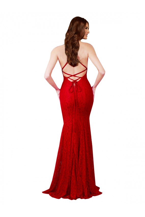 Affordable Sleeveless V-Neck Lace Red Long Formal Dress