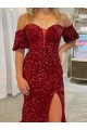 Affordable Short Sleeves Off the Shoulder Velvet Sequin Red Court Train Evening Dress