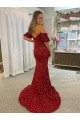 Affordable Short Sleeves Off the Shoulder Velvet Sequin Red Court Train Evening Dress