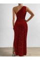 Affordable Sleeveless One Shoulder Velvet Sequin Red Long Evening Dress
