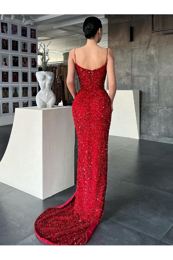 Affordable Sleeveless V-Neck Velvet Sequin Red Sweep Train Evening Dress