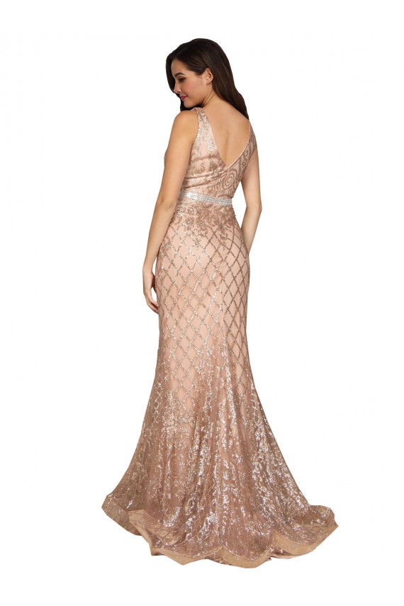 Affordable Sleeveless V-Neck Sequin & Sparkling Sequin Rose Gold Long Plus Size Formal Evening Dress