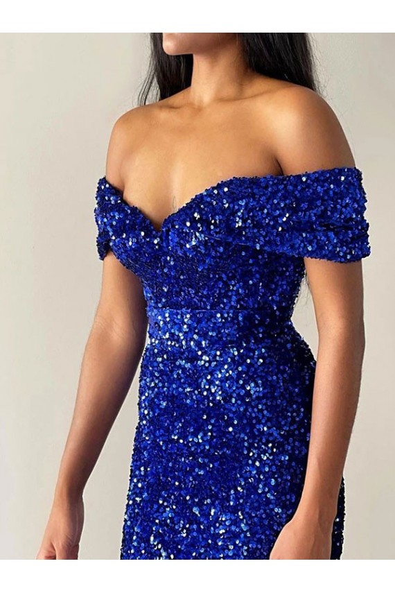 Affordable Sleeveless Off the Shoulder Velvet Sequin Royal Blue Sweep Train Evening Dresses