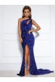 Affordable Sleeveless One Shoulder Velvet Sequin Royal Blue Court Train Evening Dress