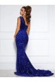 Affordable Sleeveless One Shoulder Velvet Sequin Royal Blue Court Train Evening Dress