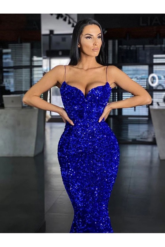 Affordable Sleeveless Spaghetti Straps Velvet Sequin Royal Blue Mermaid Sweep Train Evening Dress