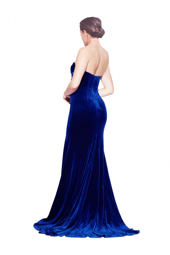 Affordable Sleeveless Strapless Stretch Velvet Royal Blue Sweep Train Formal Evening Dress