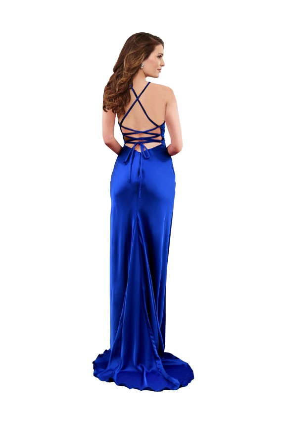 Affordable Sleeveless Cowl Neck Silky Satin Royal Blue Long Formal Evening Dress