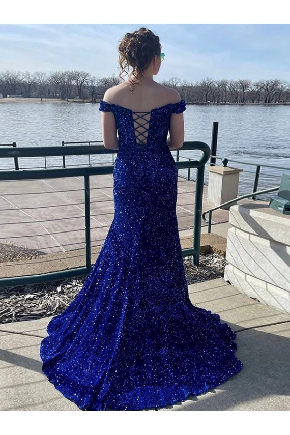 Affordable Sleeveless Off the Shoulder Velvet Sequin Royal Blue Sweep Train Evening Dress
