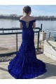 Affordable Sleeveless Off the Shoulder Velvet Sequin Royal Blue Sweep Train Evening Dress
