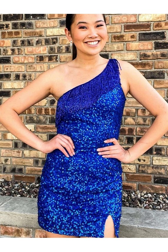 Affordable Sleeveless One Shoulder Velvet Sequin Royal Blue Short Homecoming Dresses