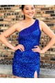 Affordable Sleeveless One Shoulder Velvet Sequin Royal Blue Short Homecoming Dresses