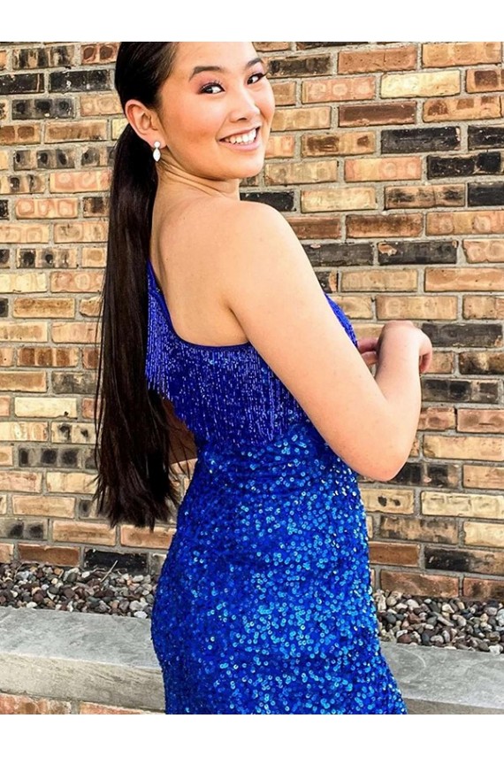 Affordable Sleeveless One Shoulder Velvet Sequin Royal Blue Short Homecoming Dresses