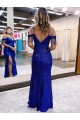 Affordable Sleeveless V-Neck Velvet Sequin Royal Blue Long Evening Dress