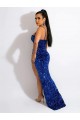 Affordable Sleeveless Spaghetti Straps Velvet Sequin Royal Blue Sweep Train Evening Gown