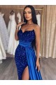 Affordable Sleeveless Sweetheart Velvet Sequin Royal Blue Sweep Train Evening Dresses