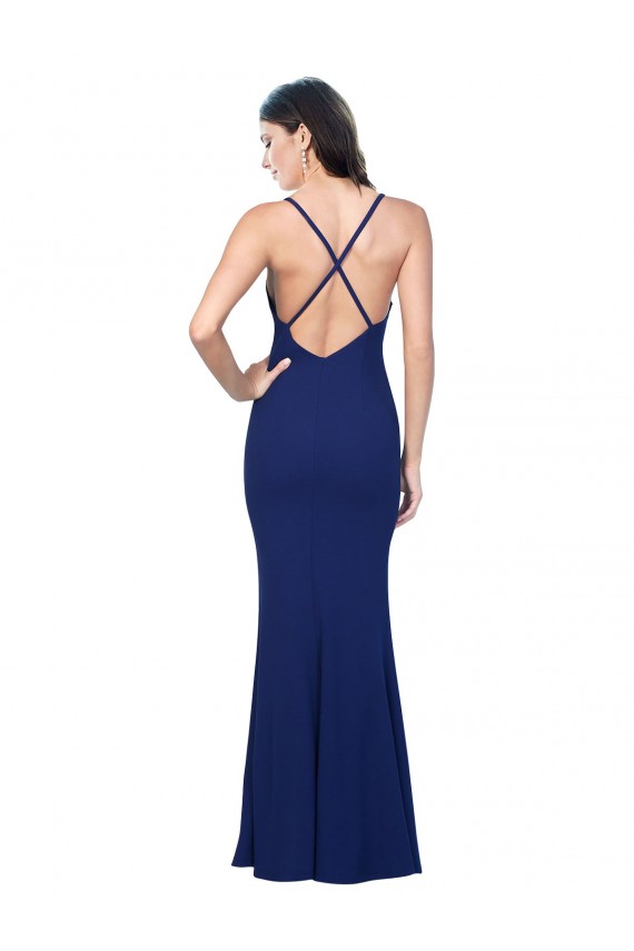 Affordable Sleeveless V-Neck Stretch Crepe Royal Blue Long Formal Dress