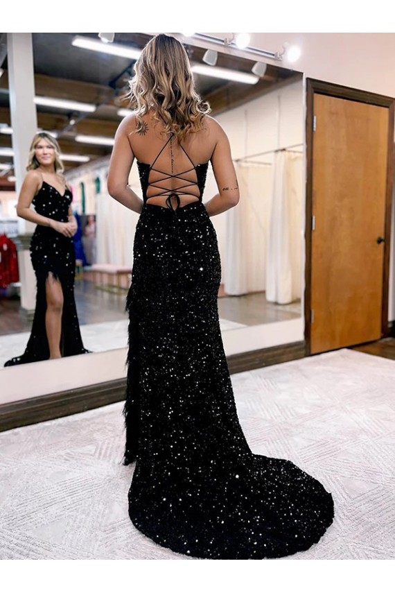 Affordable Sleeveless V-Neck Velvet Sequin Royal Blue Sweep Train Evening Dress