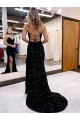 Affordable Sleeveless V-Neck Velvet Sequin Royal Blue Sweep Train Evening Dress