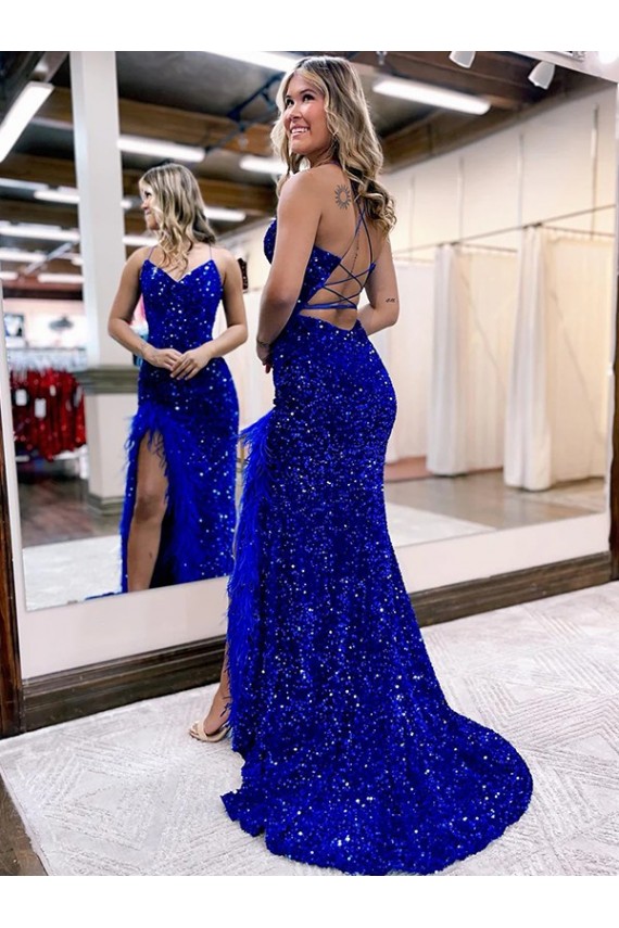 Affordable Sleeveless V-Neck Velvet Sequin Royal Blue Sweep Train Evening Dress