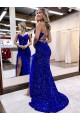 Affordable Sleeveless V-Neck Velvet Sequin Royal Blue Sweep Train Evening Dress