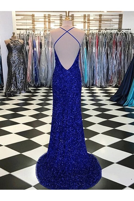 Affordable Sleeveless V-Neck Velvet Sequin Royal Blue Sweep Train Evening Gowns