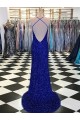 Affordable Sleeveless V-Neck Velvet Sequin Royal Blue Sweep Train Evening Gowns
