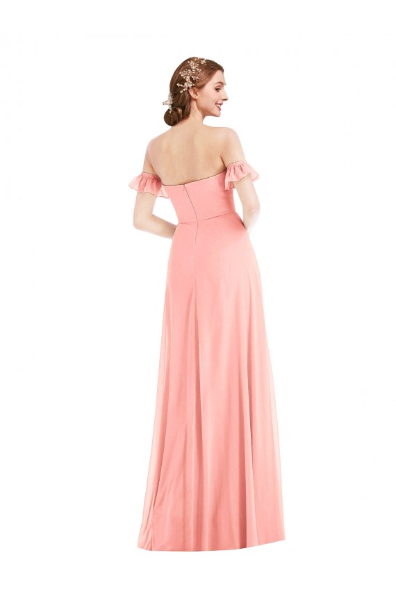 Affordable Flutter Sleeves Off the Shoulder Soft Chiffon Salmon Long Semi Formal Evening Dress