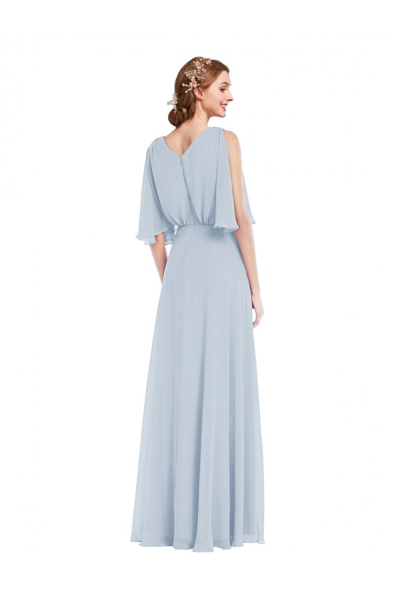 Affordable Half Sleeves V-Neck Soft Chiffon Sea Glass Long Evening Dress