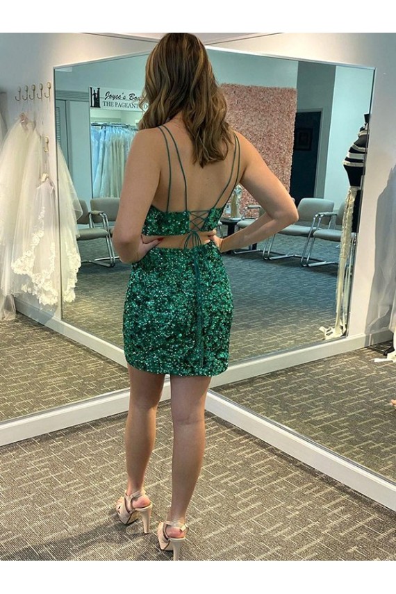 Affordable Sleeveless V-Neck Velvet Sequin Shamrock Green Short Formal Dress