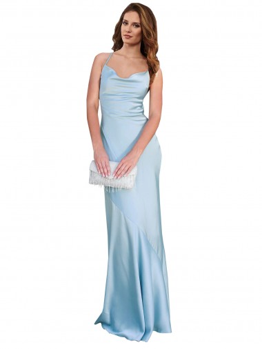 Affordable Sleeveless Cowl Neck Silky Satin Light Sky Blue Long Formal Evening Dress
