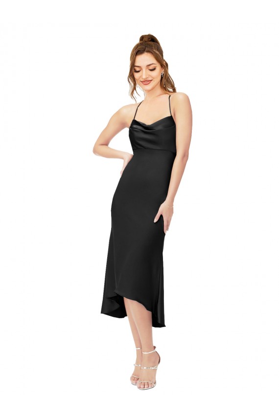 Affordable Sleeveless Cowl Neck Silky Satin Black Midi Length High Low Evening Dress