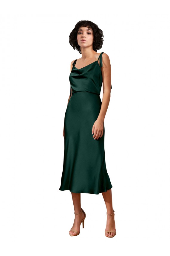 Affordable Sleeveless Cowl Neck Stretch Satin Hunter Midi Length Black Tie Evening Dress