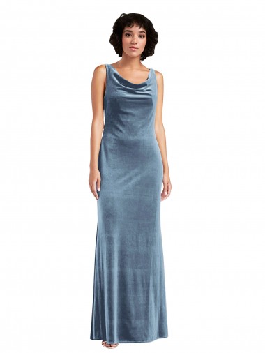 Affordable Sleeveless Cowl Neck Stretch Velvet Dusty Blue Long Evening Dress
