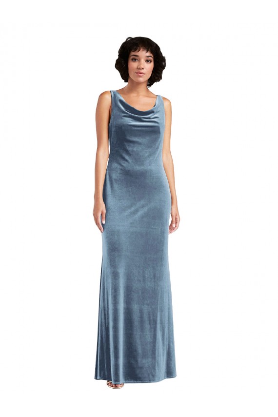 Affordable Sleeveless Cowl Neck Stretch Velvet Dusty Blue Long Evening Dress