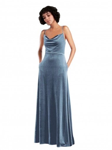 Affordable Sleeveless Cowl Neck Stretch Velvet Dusty Blue Long Semi Formal Evening Dress