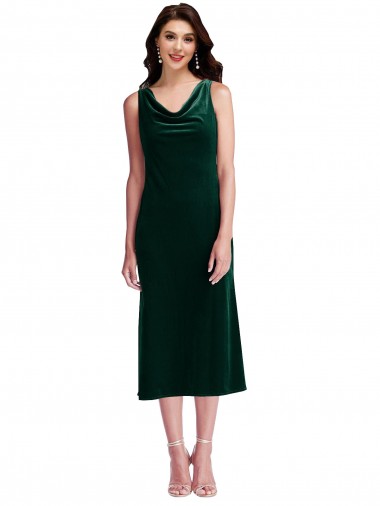 Affordable Sleeveless Cowl Neck Stretch Velvet Dark Green Midi Length Evening Dress