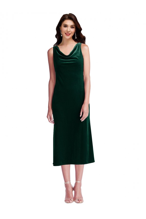 Affordable Sleeveless Cowl Neck Stretch Velvet Dark Green Midi Length Evening Dress