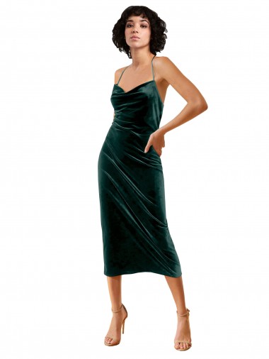 Affordable Sleeveless Cowl Neck Stretch Velvet Dark Green Midi Length Formal Dress