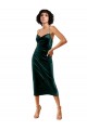 Affordable Sleeveless Cowl Neck Stretch Velvet Dark Green Midi Length Formal Dress