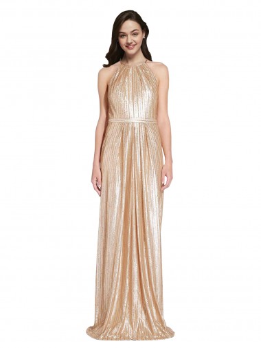 Affordable Sleeveless High Neck Sequin Gold Long Formal Evening Dress
