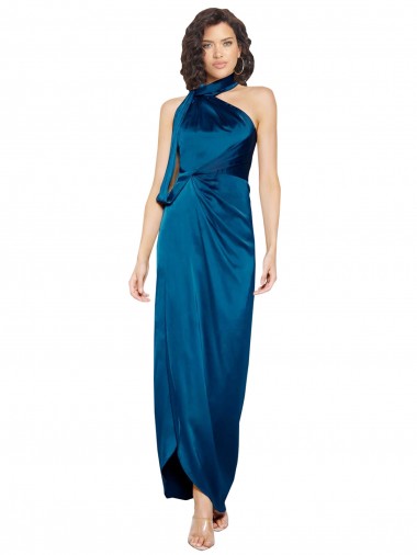 Affordable Sleeveless High Neck Silky Satin Peacock Blue Long Formal Evening Dress