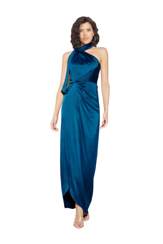 Affordable Sleeveless High Neck Silky Satin Peacock Blue Long Formal Evening Dress