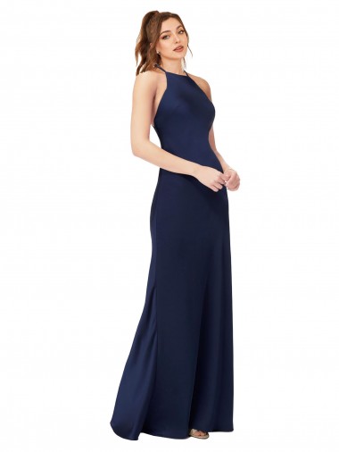 Affordable Sleeveless High Neck Silky Satin Sapphire Sheath Long Formal Evening Dress