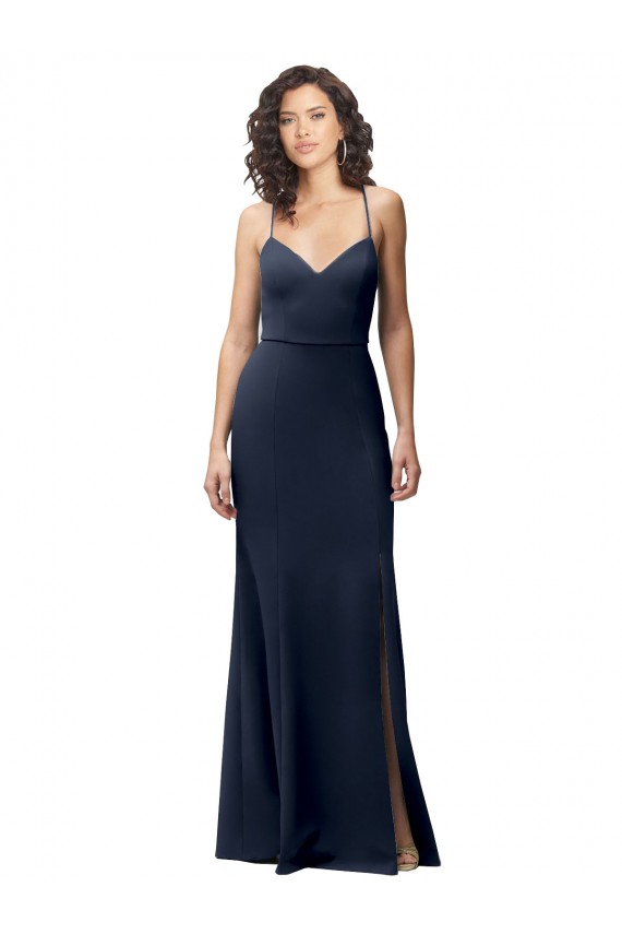 Affordable Sleeveless High Neck Stretch Crepe Dark Navy Long Formal Evening Dress
