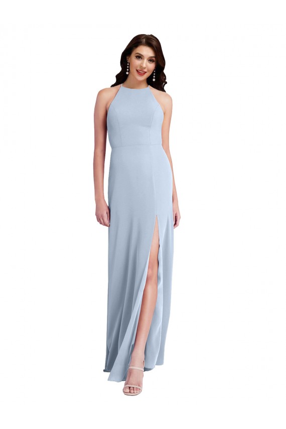 Affordable Sleeveless High Neck Stretch Crepe Light Sky Blue Sheath Long Formal Evening Dress