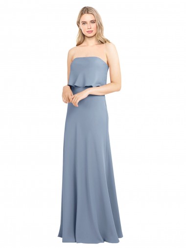 Affordable Sleeveless High Neck Stretch Crepe Smoke Blue Long Formal Dress